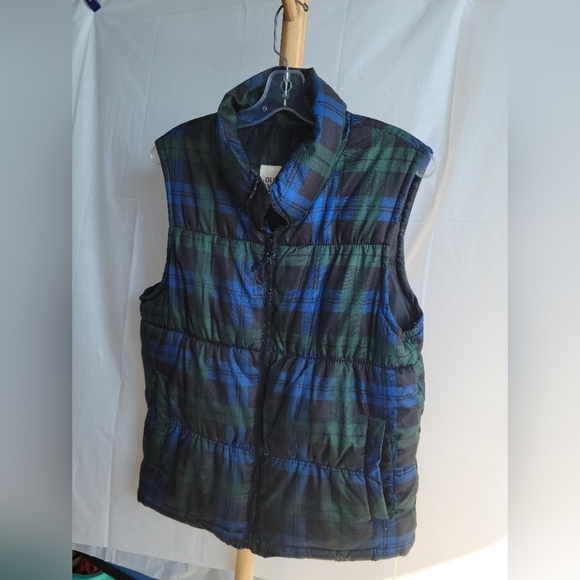 Mens Old Navy Plaid Puffer  Green Black Blue Vest Small - Picture 3 of 7